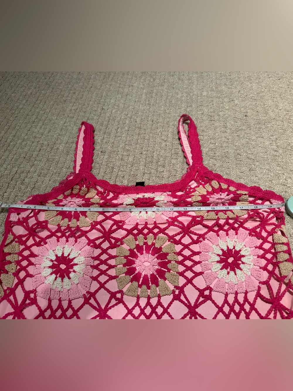 Boston Proper Floral Pink Crochet Tank Mini Dress Sz L - Picture 6 of 6